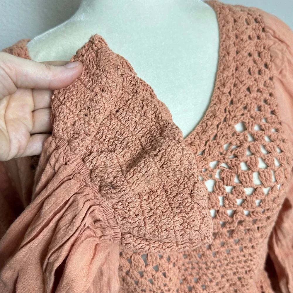 Free People Crochet Open Back Peplum Blouse Terracotta Peach Long Sleeve Top